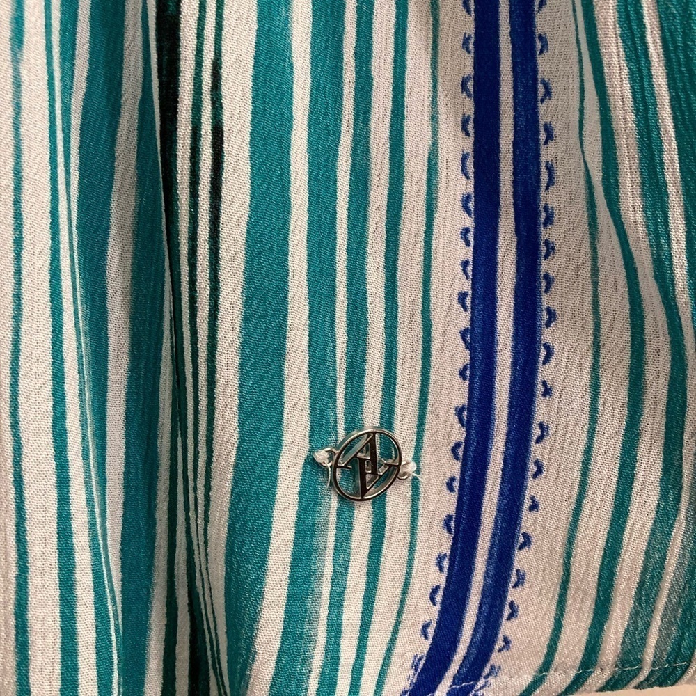 Adrienne Vitadini teal, blue & white striped 3/4 sleeve button up blouse - Picture 5 of 5